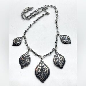 Vtg Sterling Siam Niello Nielloware Leaf Shape Chain Necklace 15.5” / 25g